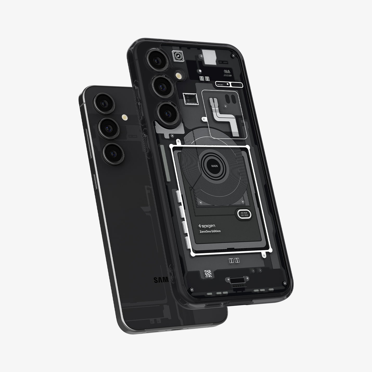 ACS08621 - Galaxy S24 FE Case Ultra Hybrid Zero One in Zero One showing the back of the case hovering above the device