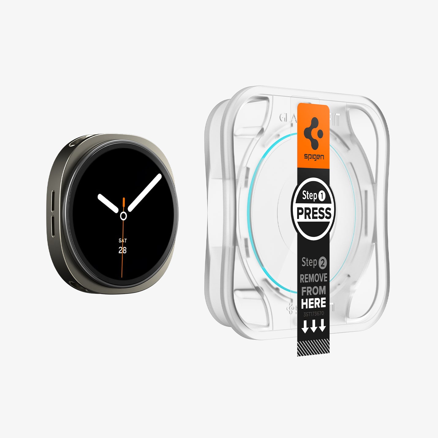 AGL09874 - Galaxy Watch 8 40mm GLAS.tR EZ Fit showing the watch face, screen protector and ez fit tray