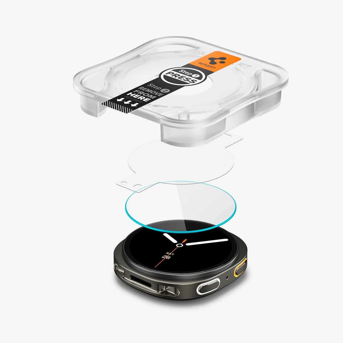 AGL09874 - Galaxy Watch 8 40mm GLAS.tR EZ Fit showing the ez fit tray, film, screen protector and watch face