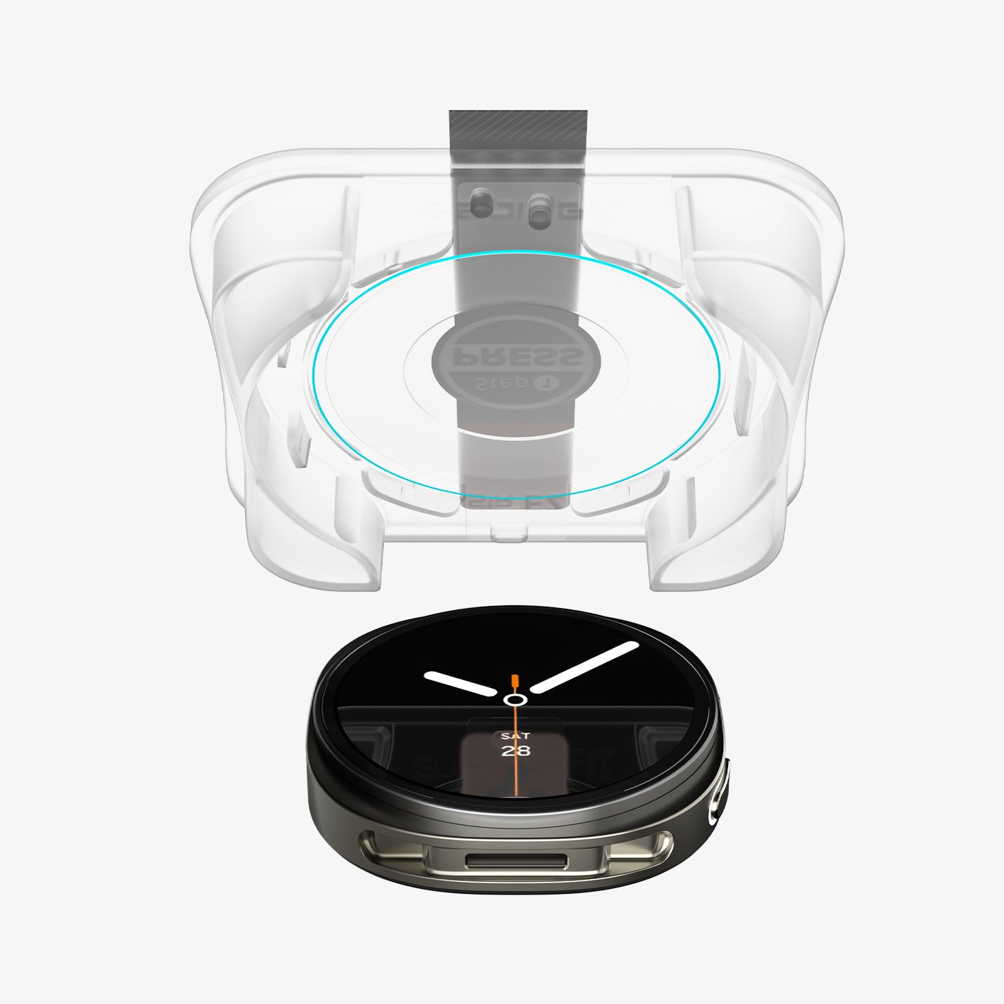 AGL09876 - Galaxy Watch 8 44mm GLAS.tR EZ Fit showing the ez fit tray and screen protector hovering above the watch face