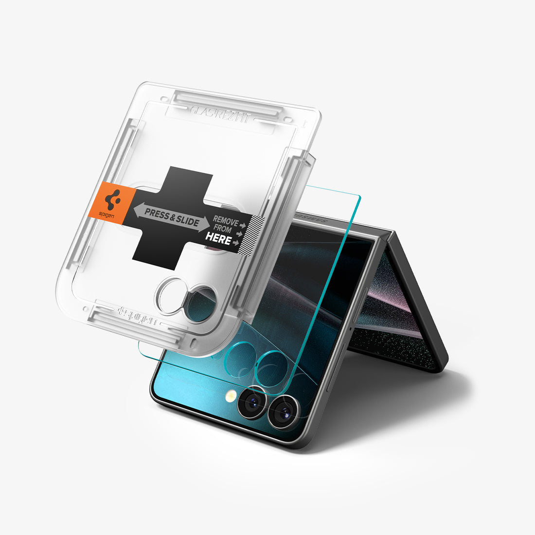 AGL09582 - Galaxy Z Flip 7 Screen Protector EZ Fit GLAS.tR showing the ez fit tray, device and packaging