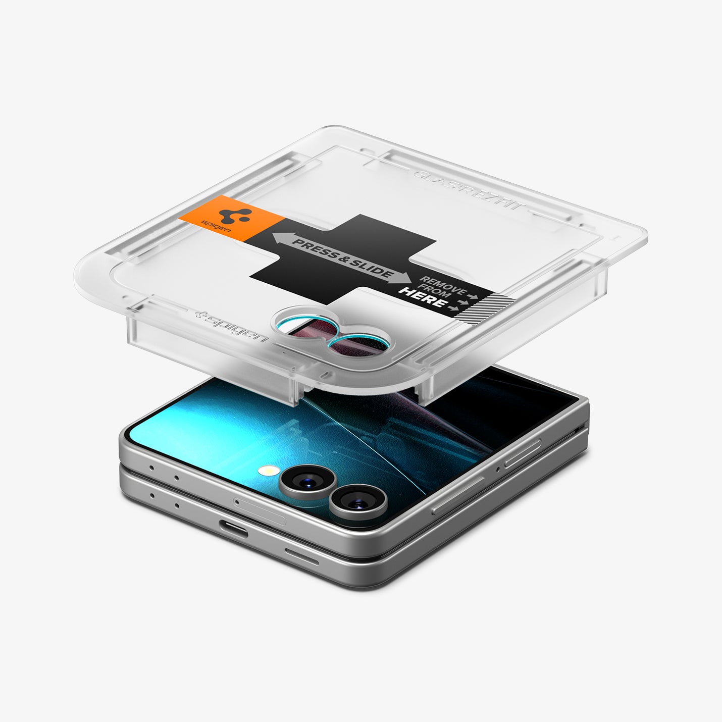AGL09582 - Galaxy Z Flip 7 Screen Protector EZ Fit GLAS.tR showing the ez fit tray hovering above the device
