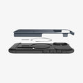 ACS09652 - iPhone 17 Slim Armor (MagFit) in Metal Slate showing the back cover hovering above detached metal ring plate and the back of the case
