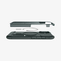 ACS09688 - iPhone 17 Slim Armor (MagFit) in Abyss Green showing the back cover hovering above detached metal ring plate and the back of the case