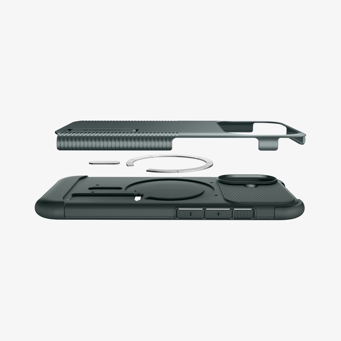 ACS09688 - iPhone 17 Slim Armor (MagFit) in Abyss Green showing the back cover hovering above detached metal ring plate and the back of the case