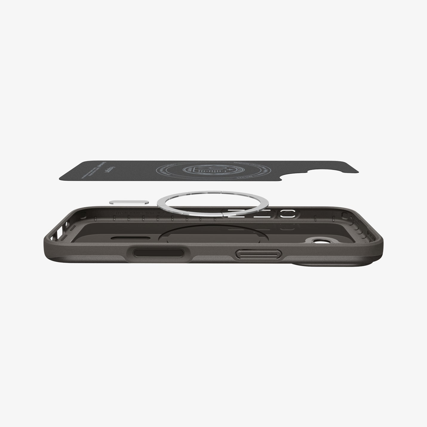 ACS09971 - iPhone 17 Thin Fit (MagFit) in Gunmetal showing the inner layer hovering above the detached magnet ring plate and the case