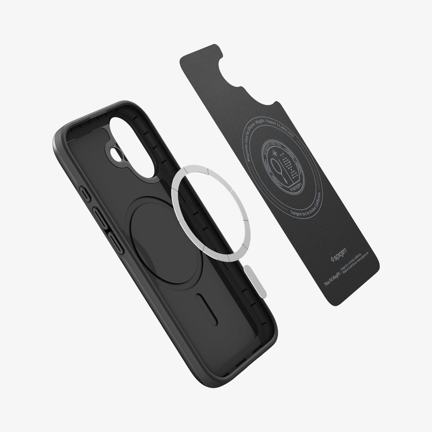 ACS09969 - iPhone 17 Thin Fit (MagFit) in Black showing the inner layer hovering from detached magnet ring plate and the case
