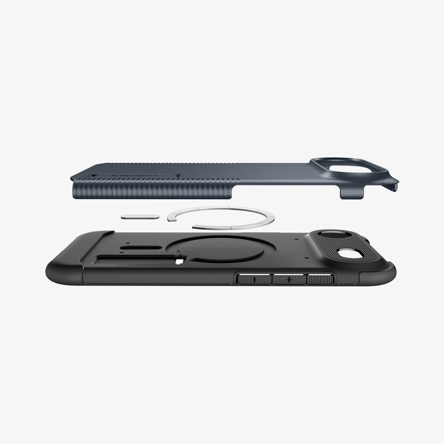 ACS09619 - iPhone 17 Air Slim Armor (MagFit) in Metal Slate showing the back cover hovering above detached metal ring plate and the back of the case