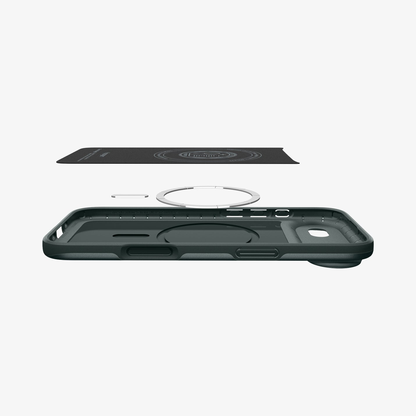 ACS09917 - iPhone 17 Air Thin Fit (MagFit) in Abyss Green showing the inner layer hovering above the detached magnet ring plate and the case