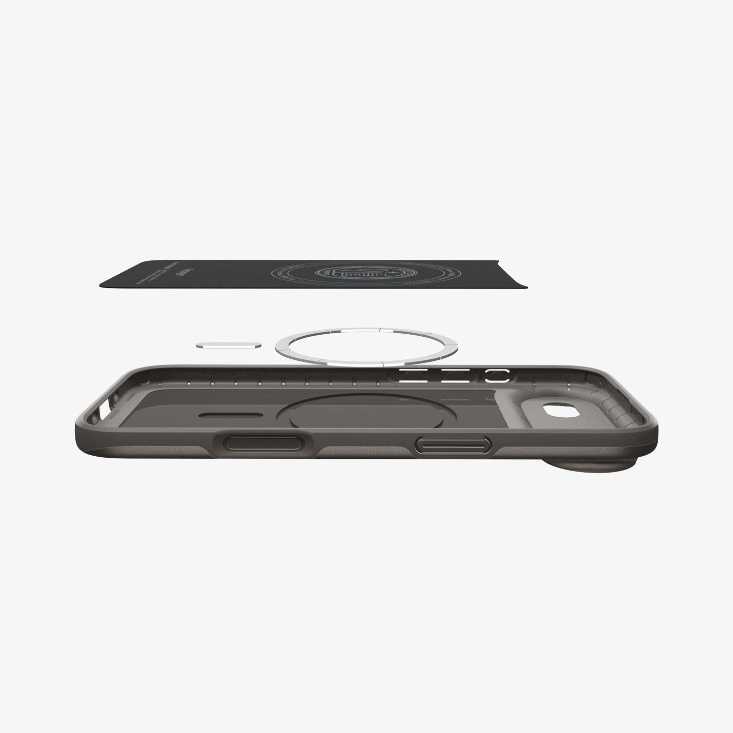 ACS09918 - iPhone 17 Air Thin Fit (MagFit) in Gunmetal showing the inner layer hovering above the detached magnet ring plate and the case