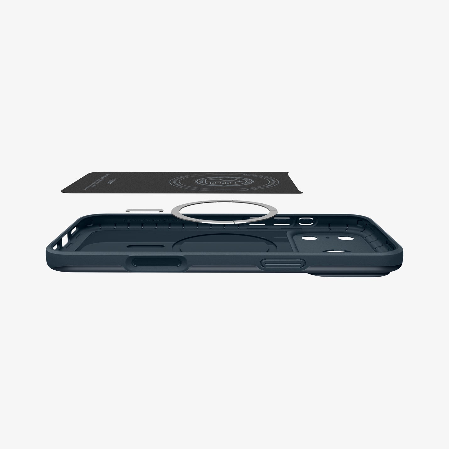 ACS09882 - iPhone 17 Pro Max Thin Fit (MagFit) in Metal Slate showing the inner layer hovering above the detached magnet ring plate and the case