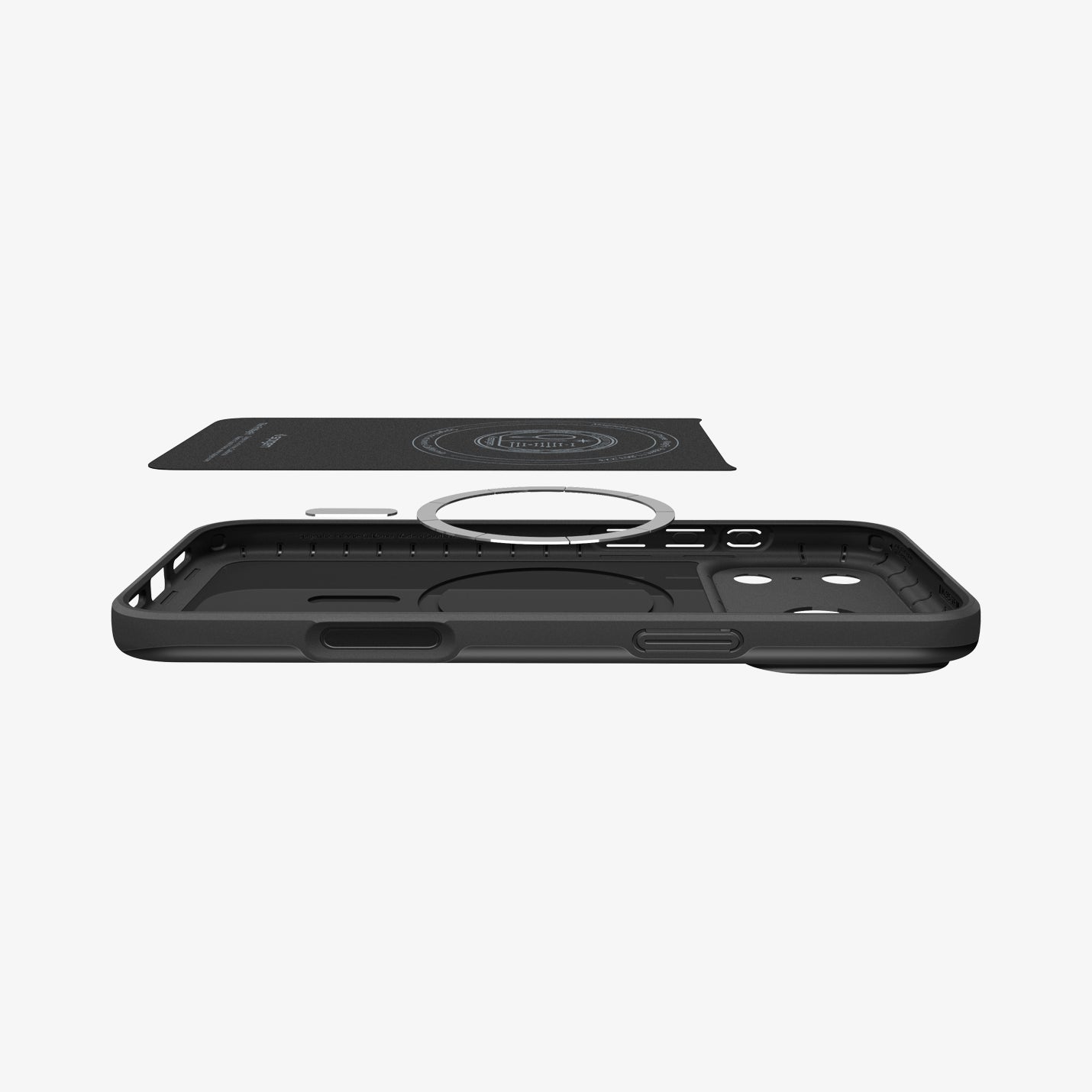 ACS09934 - iPhone 17 Pro Thin Fit (MagFit) in black showing the inner layer hovering above the detached magnet ring plate and the case