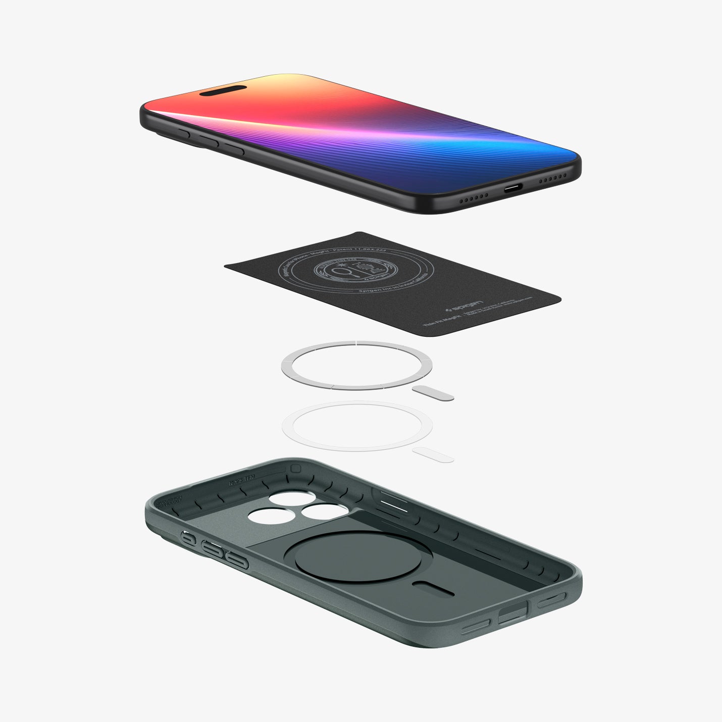 ACS09880 - iPhone 17 Pro Max Thin Fit (MagFit) in abyss green showing the device hovering above the detached inner layer, metal ring plate and the case