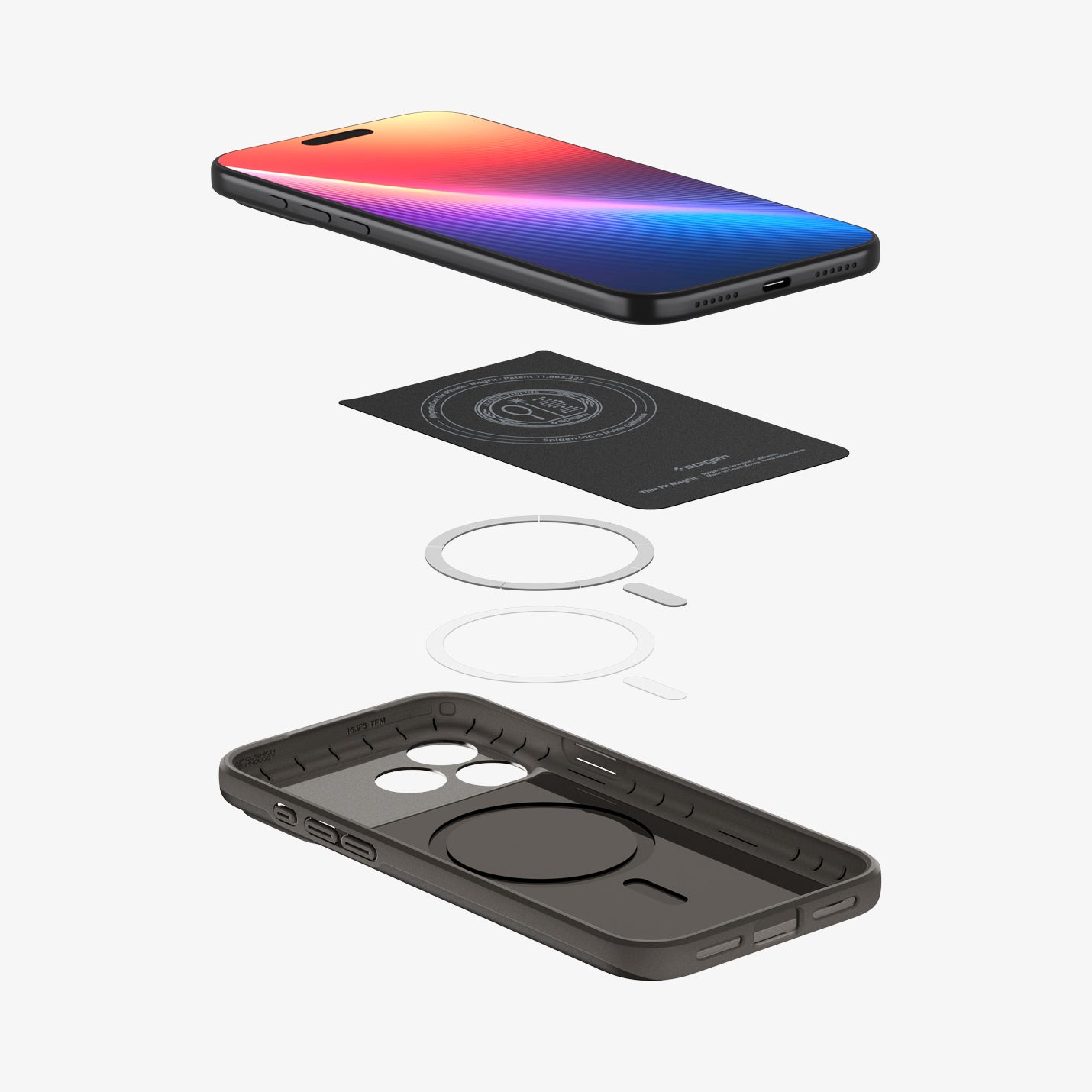 ACS09881 - iPhone 17 Pro Max Thin Fit (MagFit) in Gunmetal showing the device hovering above the detached inner layer, metal ring plate and the case