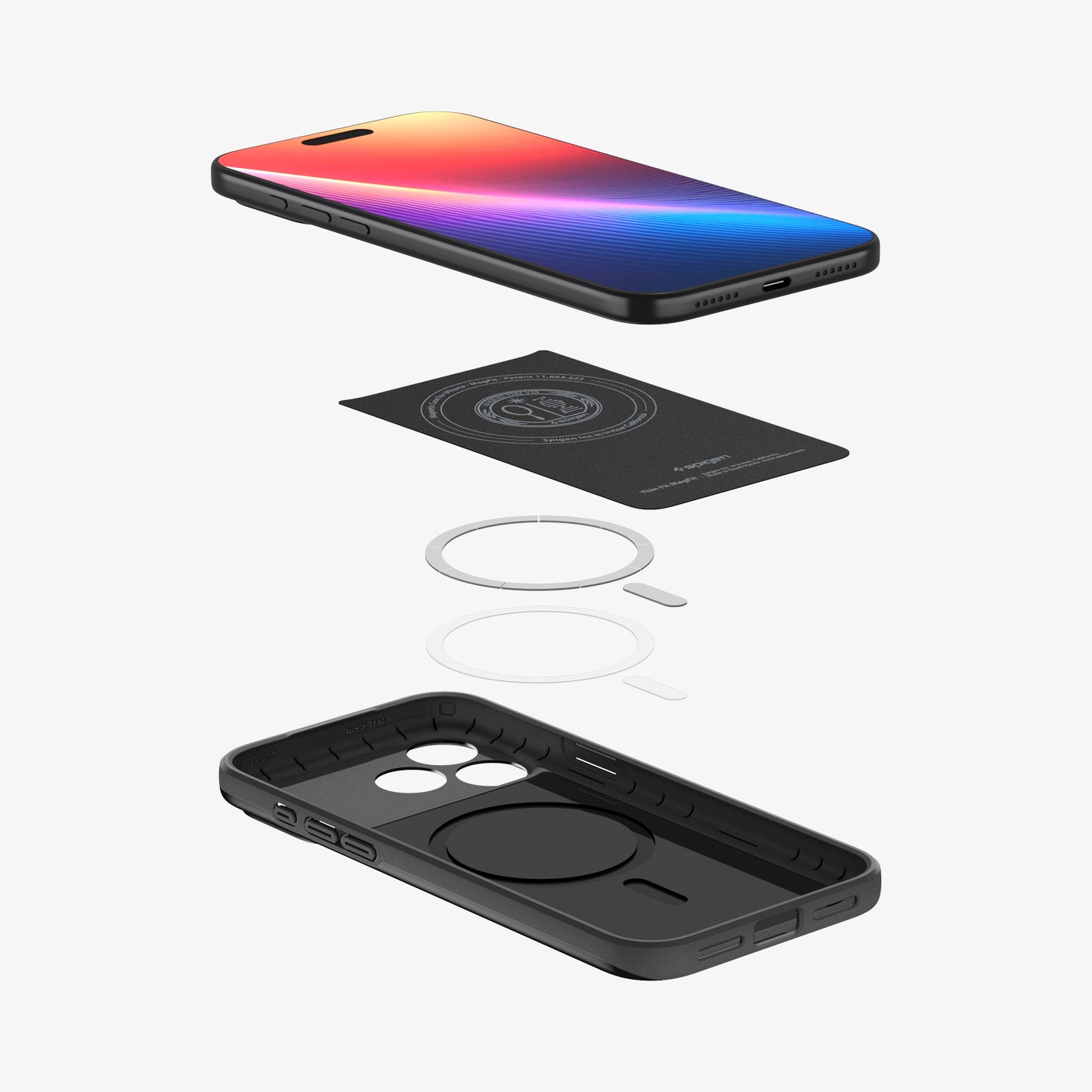 ACS09934 - iPhone 17 Pro Thin Fit (MagFit) in black showing the device hovering above the detached inner layer, metal ring plate and the case