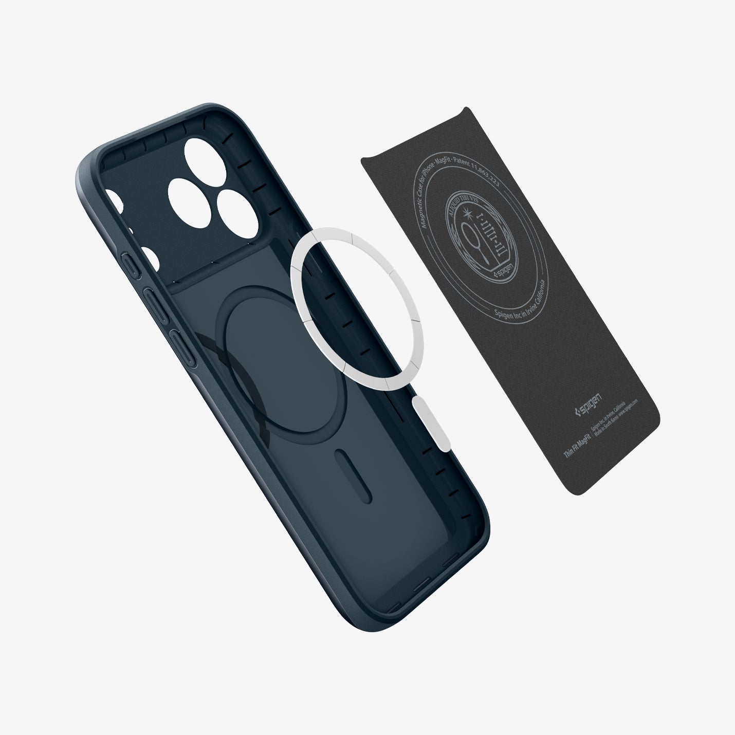 ACS09882 - iPhone 17 Pro Max Thin Fit (MagFit) in Metal Slate showing the inner layer hovering from detached magnet ring plate and the case