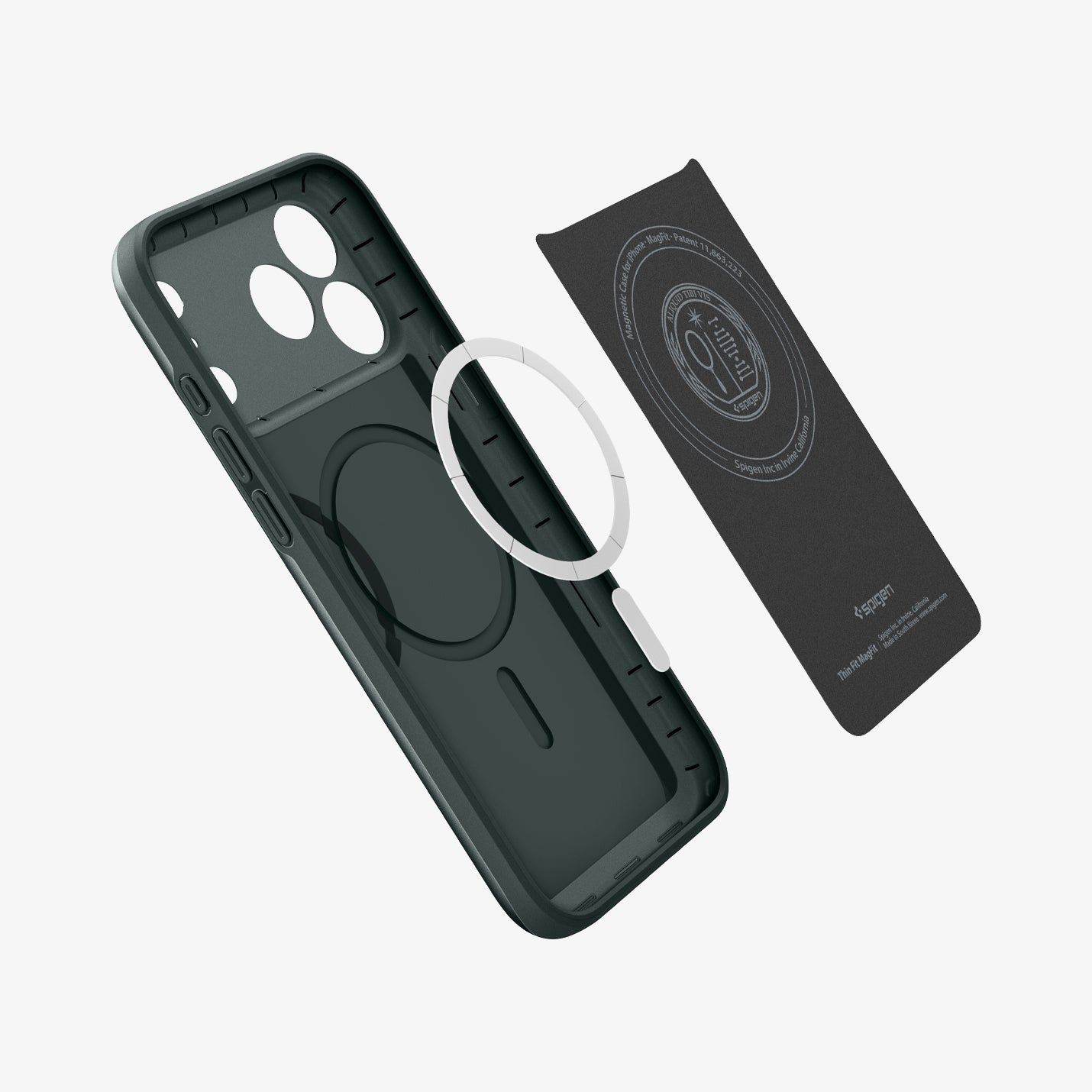 ACS09880 - iPhone 17 Pro Max Thin Fit (MagFit) in abyss green showing the inner layer hovering from detached magnet ring plate and the case