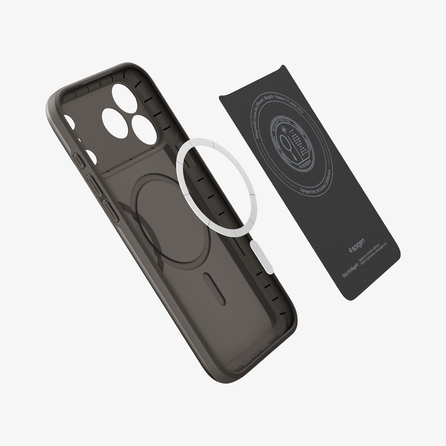 ACS09881 - iPhone 17 Pro Max Thin Fit (MagFit) in Gunmetal showing the inner layer hovering from detached magnet ring plate and the case