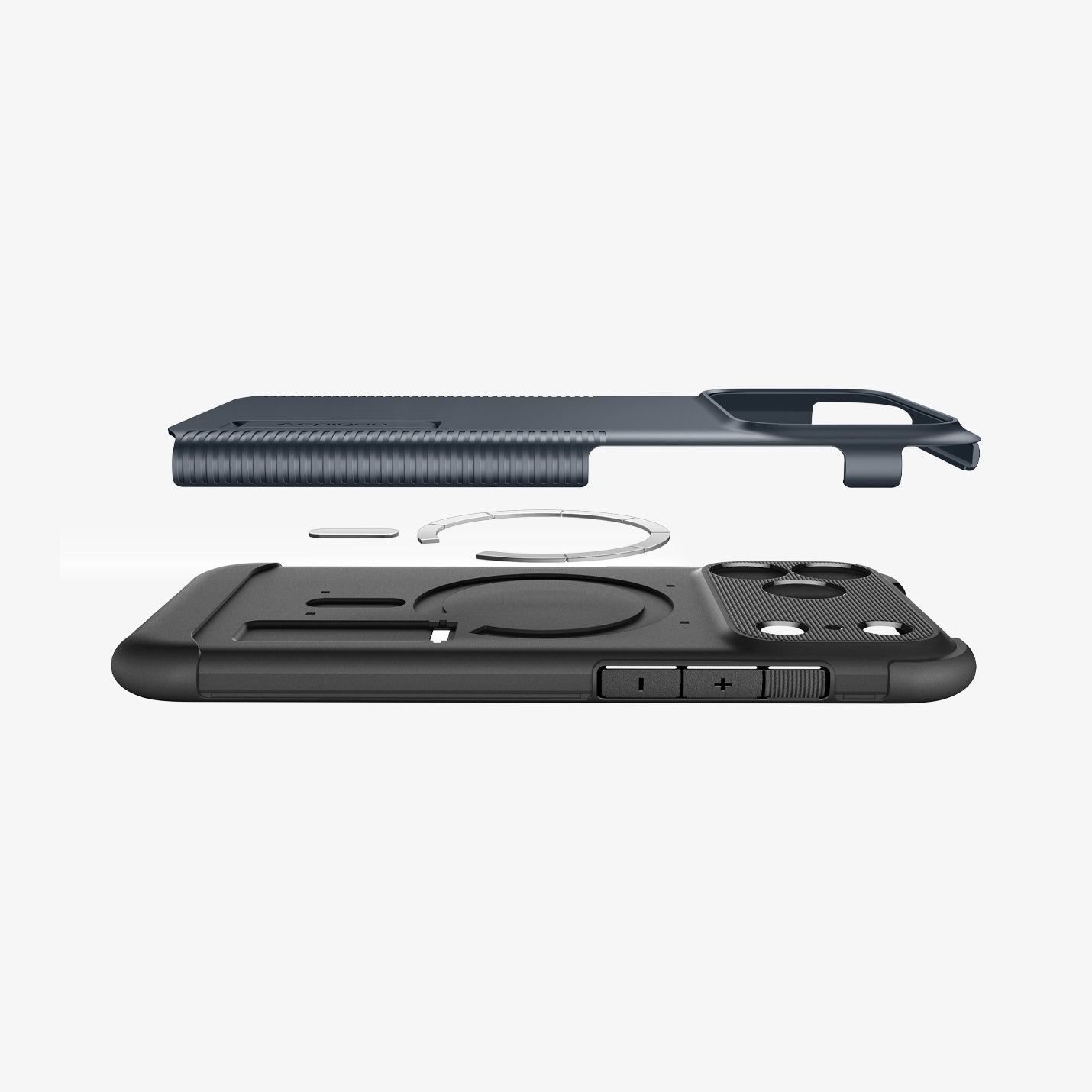 ACS09602 - iPhone 17 Pro Max Slim Armor (MagFit) in Metal Slate showing the back cover hovering above detached metal ring plate and the back of the case