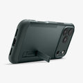 ACS09673 - iPhone 17 Pro Max Slim Armor (MagFit) in Abyss Green showing the back, partial side and bottom, propped up with a built-in kickstand
