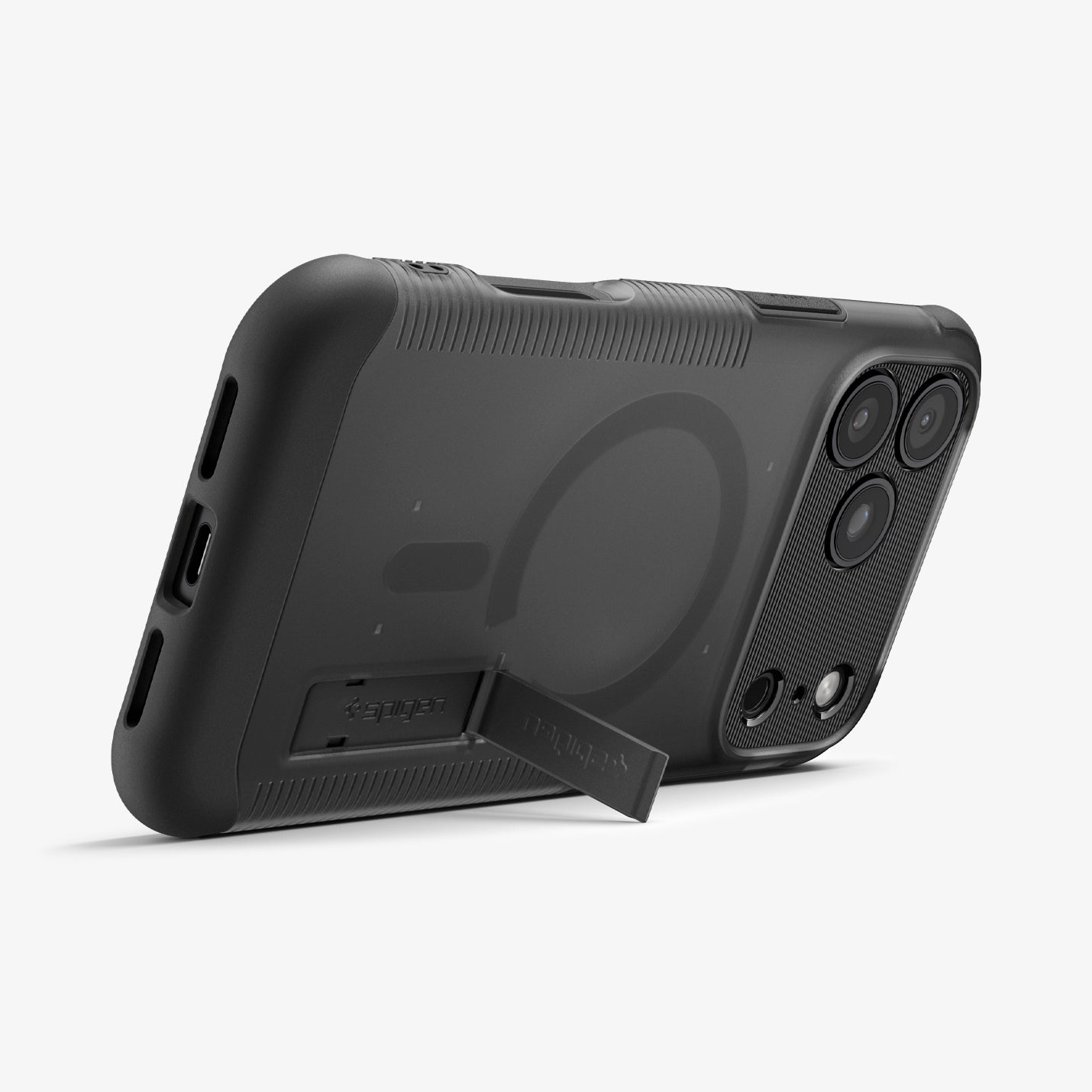 ACS09674 - iPhone 17 Pro Max Slim Armor (MagFit) in Frost Black showing the back, partial side and bottom, propped up with a built-in kickstand