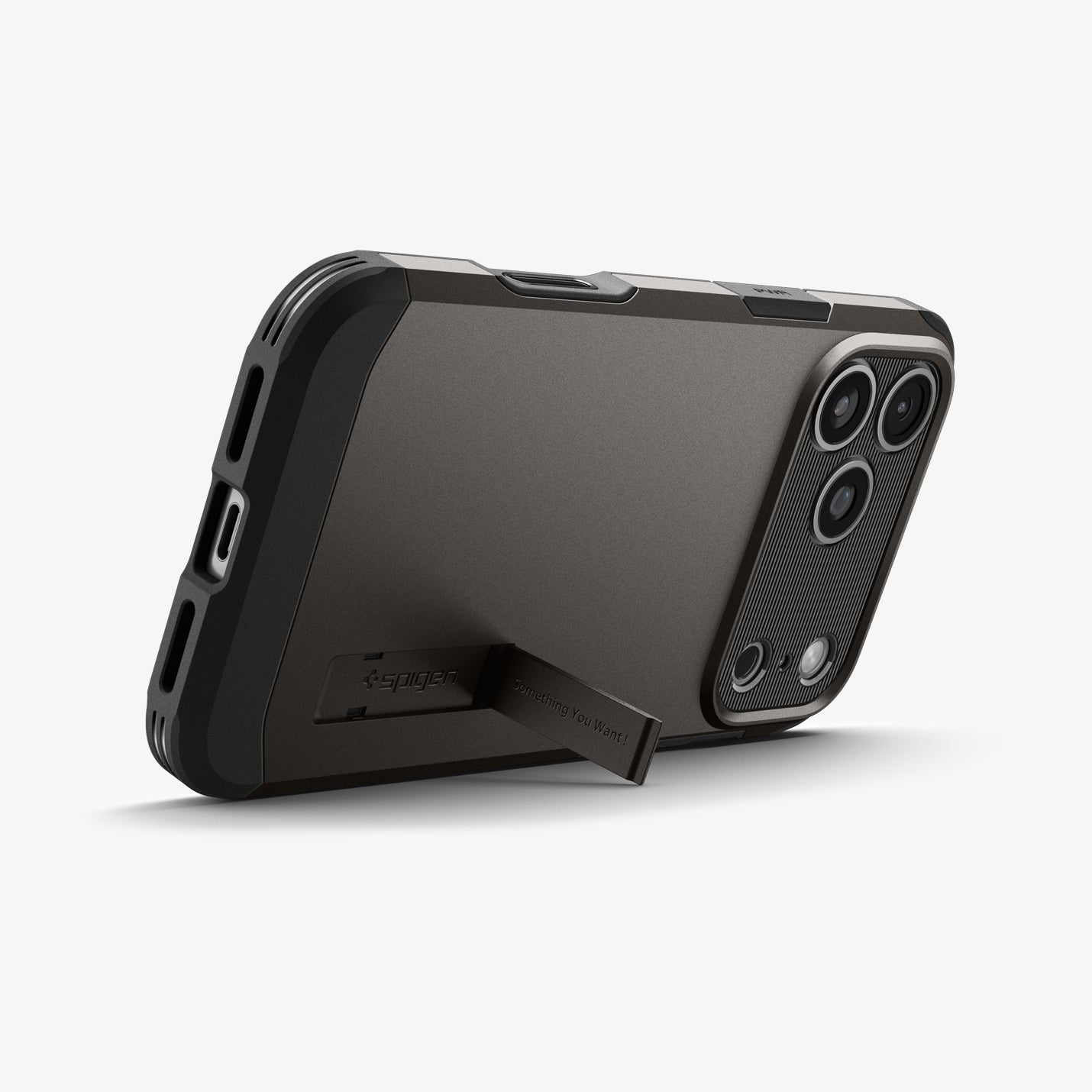 ACS09951 - iPhone 17 Pro Case Tough Armor T AI (MagFit) in gunmetal showing the back with device propped up by built in kickstand