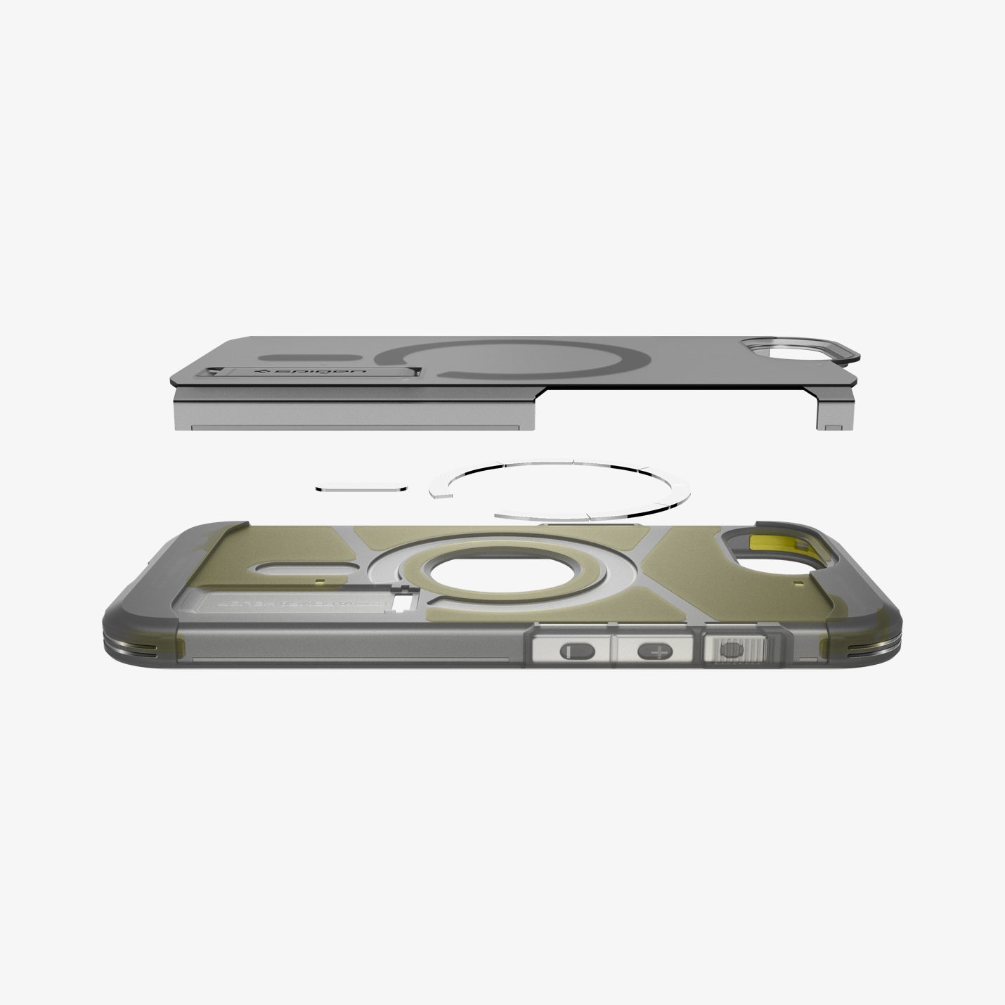 ACS09138 - iPhone 16e Case Tough Armor AI (MagFit) in Frost Black showing the back layer hovering above the detached metal ring and the rest of the case