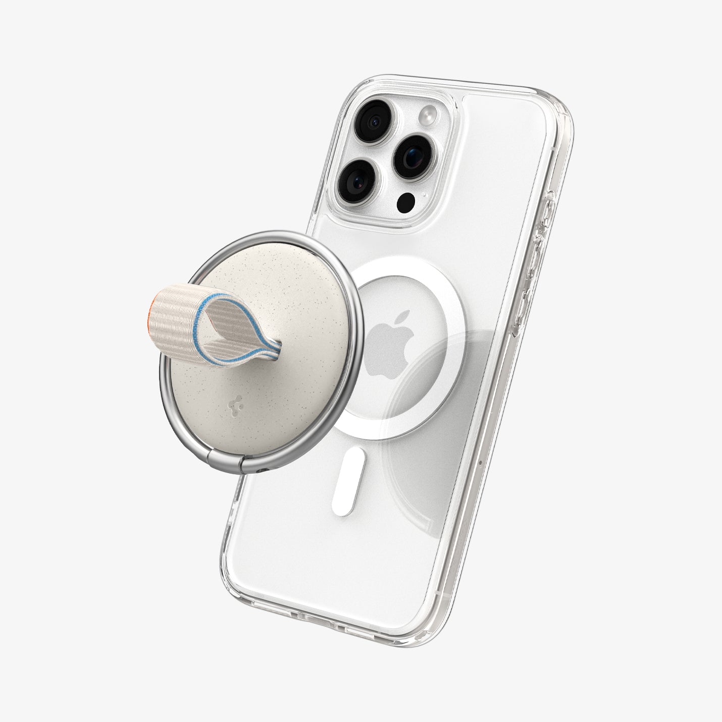 AMP09176 - O-Mag Magnetic Phone Holder (MagFit) OM104 in Dune Beige showing the front of the om-mag ring hovering in front of the device