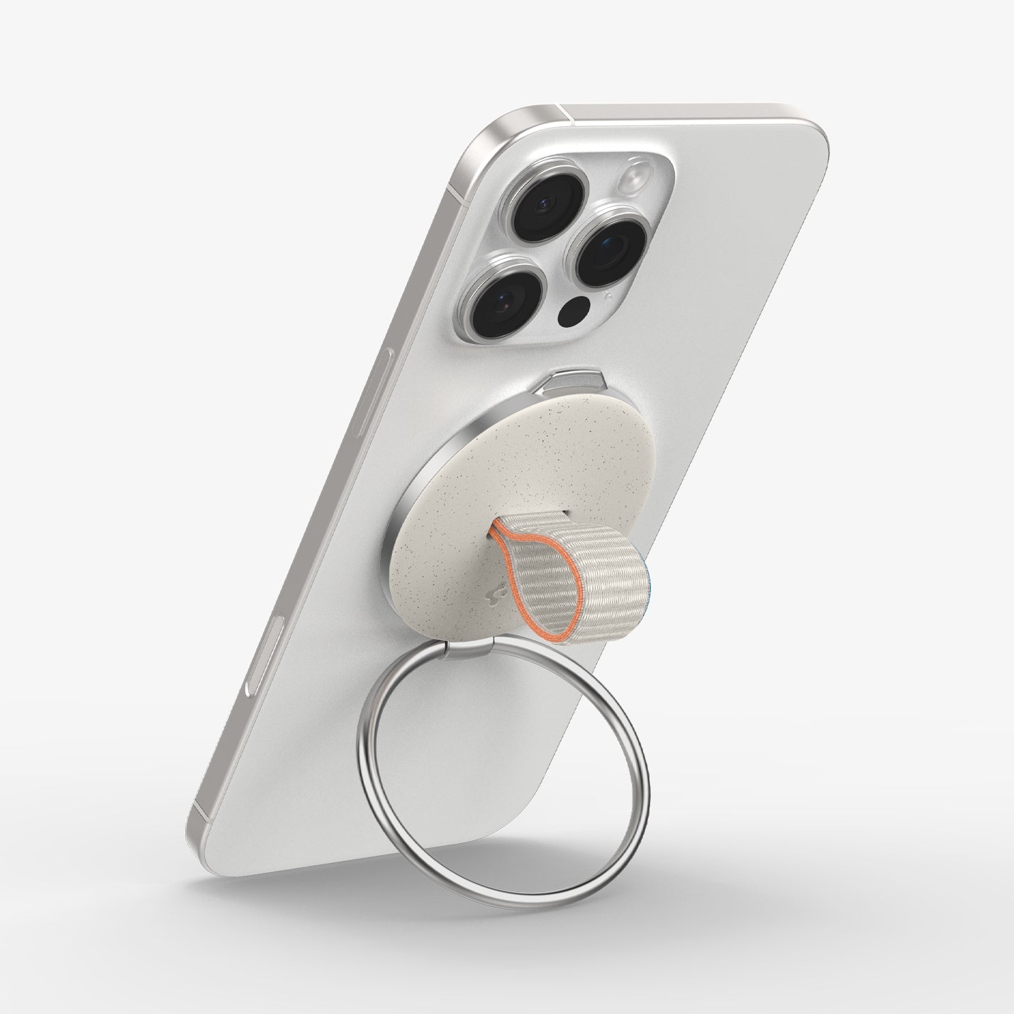 AMP09176 - O-Mag Magnetic Phone Holder (MagFit) OM104 in Dune Beige showing the back, top and side of the device, o-mag ring attached to the device showing it's partial side, ring propped up as a kickstand