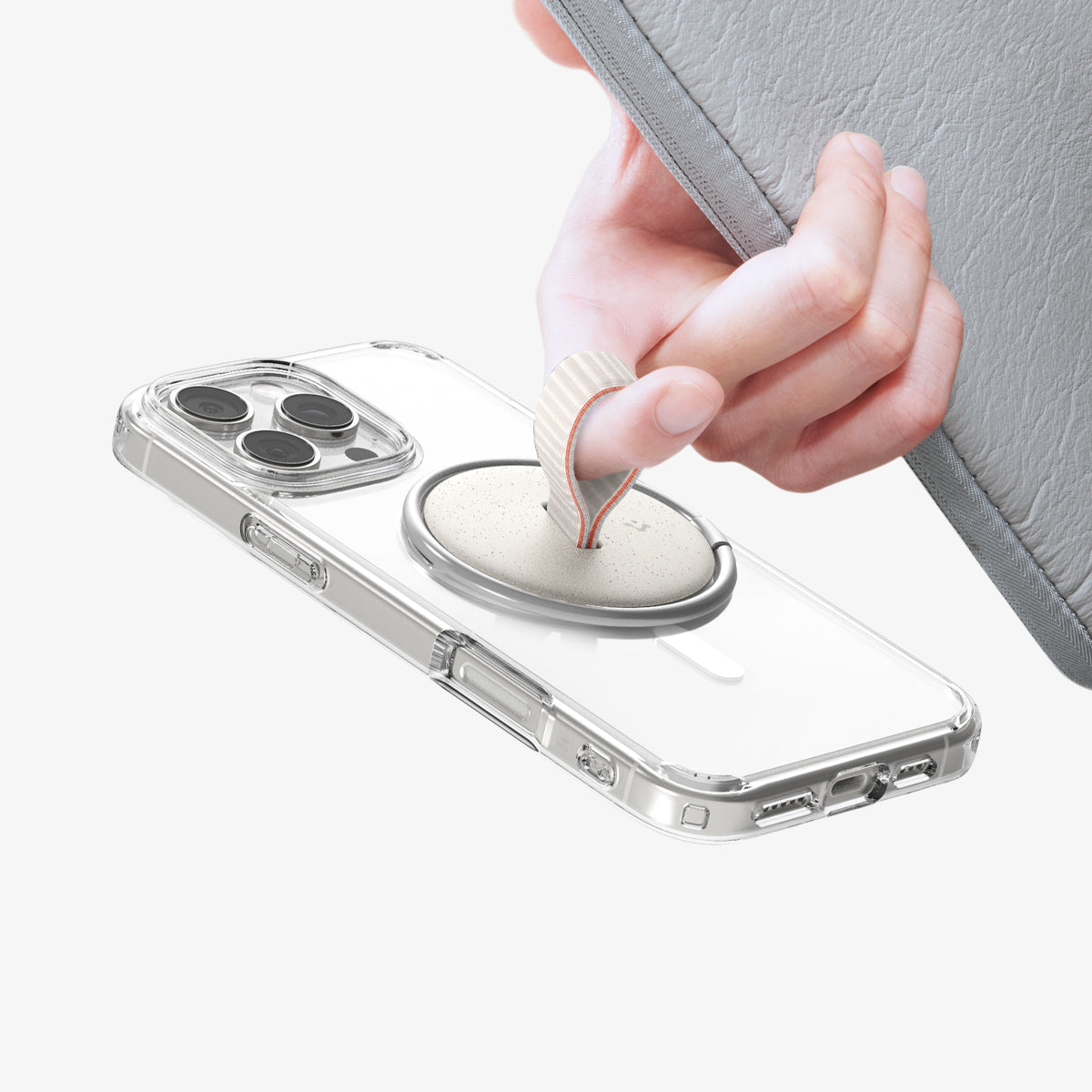 AMP09176 - O-Mag Magnetic Phone Holder (MagFit) OM104 in Dune Beige showing the back of the device, front of the o-mag ring with finger strap