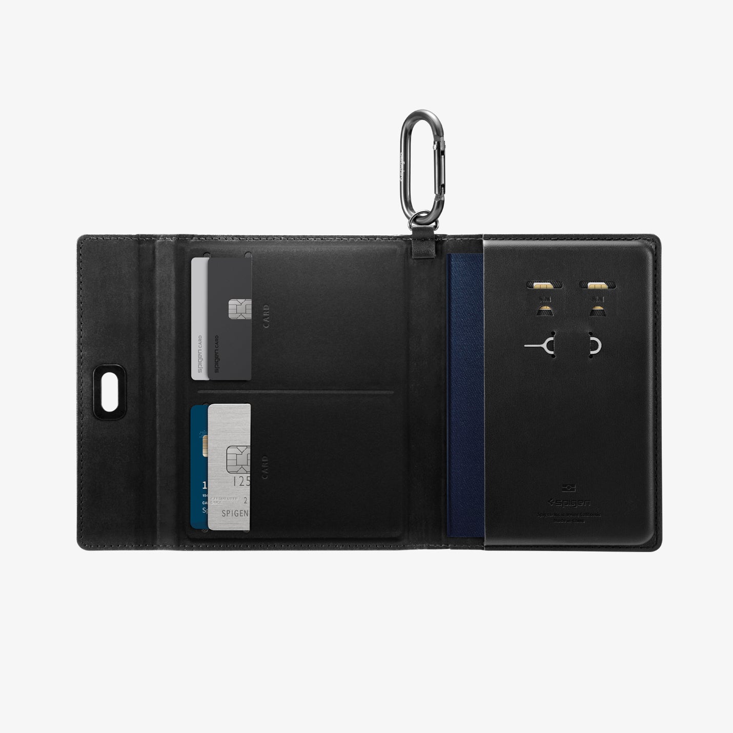 AFA08852 - Passport Holder AirTag in Black showing the inner with passport, cards and tf card ejector inside