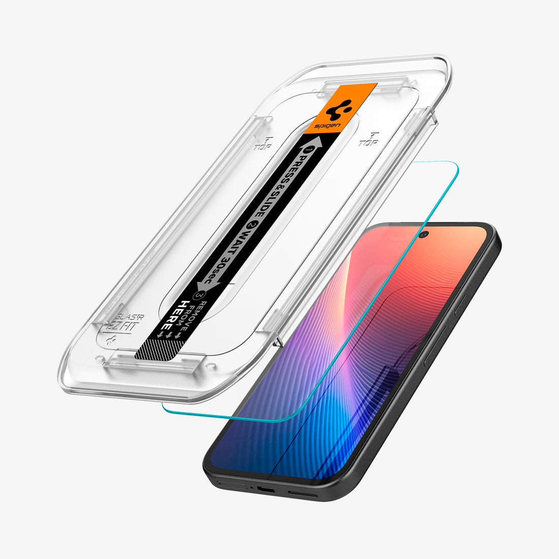 AGL08938 - Pixel 9a GLAS.tR EZ Fit in Clear showing the inner of installation tray, hovering above 2 screen protector and the device with another tray beside