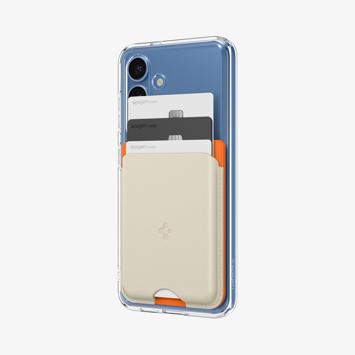 AFA09233 - Galaxy S25 Case MagSafe Card Holder Nano Pop (MagFit) in Orange Beige showing the front, partial side attached to a device with 3 cards inserted