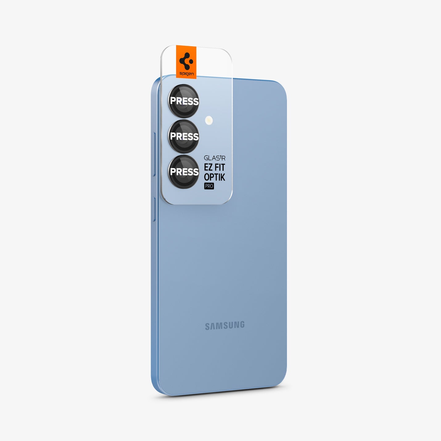 AGL09090 - Galaxy S25 Optik Pro EZ Fit Lens Protector in Black showing the lens protector tray with lens protector attached to the device