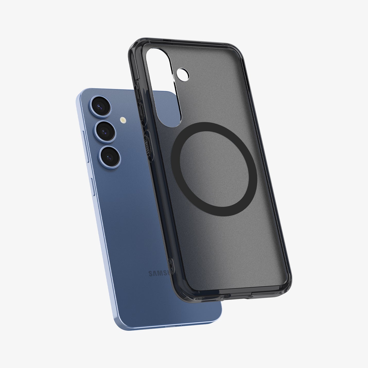 ACS09005 - Galaxy S25 Case Ultra Hybrid Metal Ring (MagFit) in Frost Black showing the back, partial side and bottom hovering in front of the device