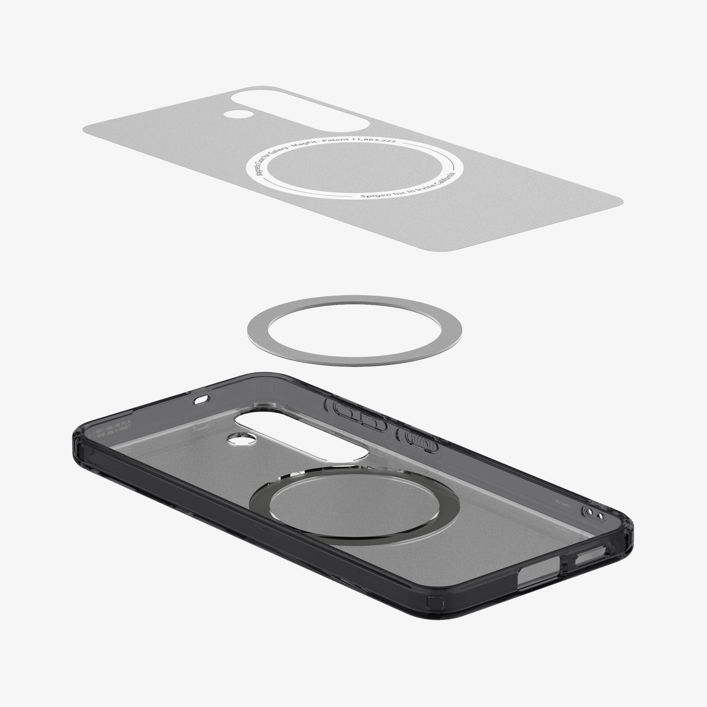 ACS09005 - Galaxy S25 Case Ultra Hybrid Metal Ring (MagFit) in Frost Black showing the inner layer hovering above the detached magring and the case