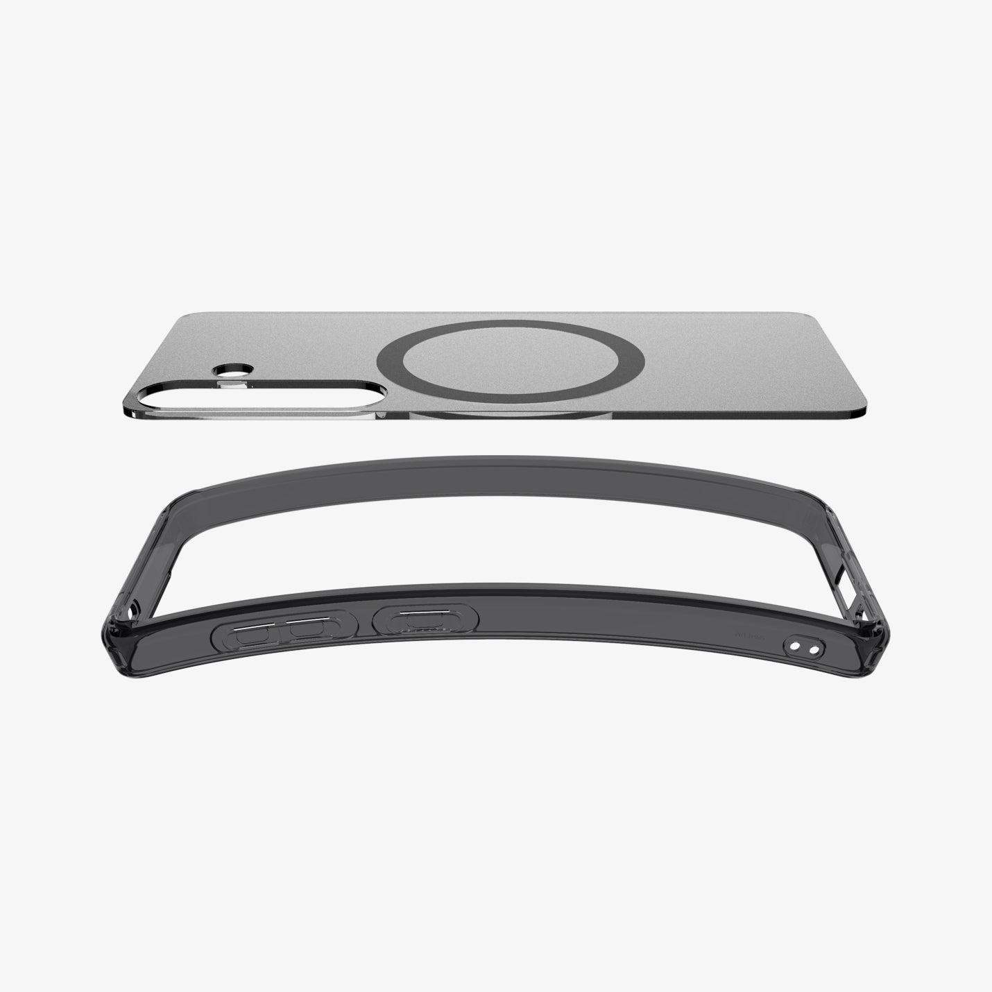 ACS09005 - Galaxy S25 Case Ultra Hybrid Metal Ring (MagFit) in Frost Black showing the detached inner layer hovering above the tpu frame