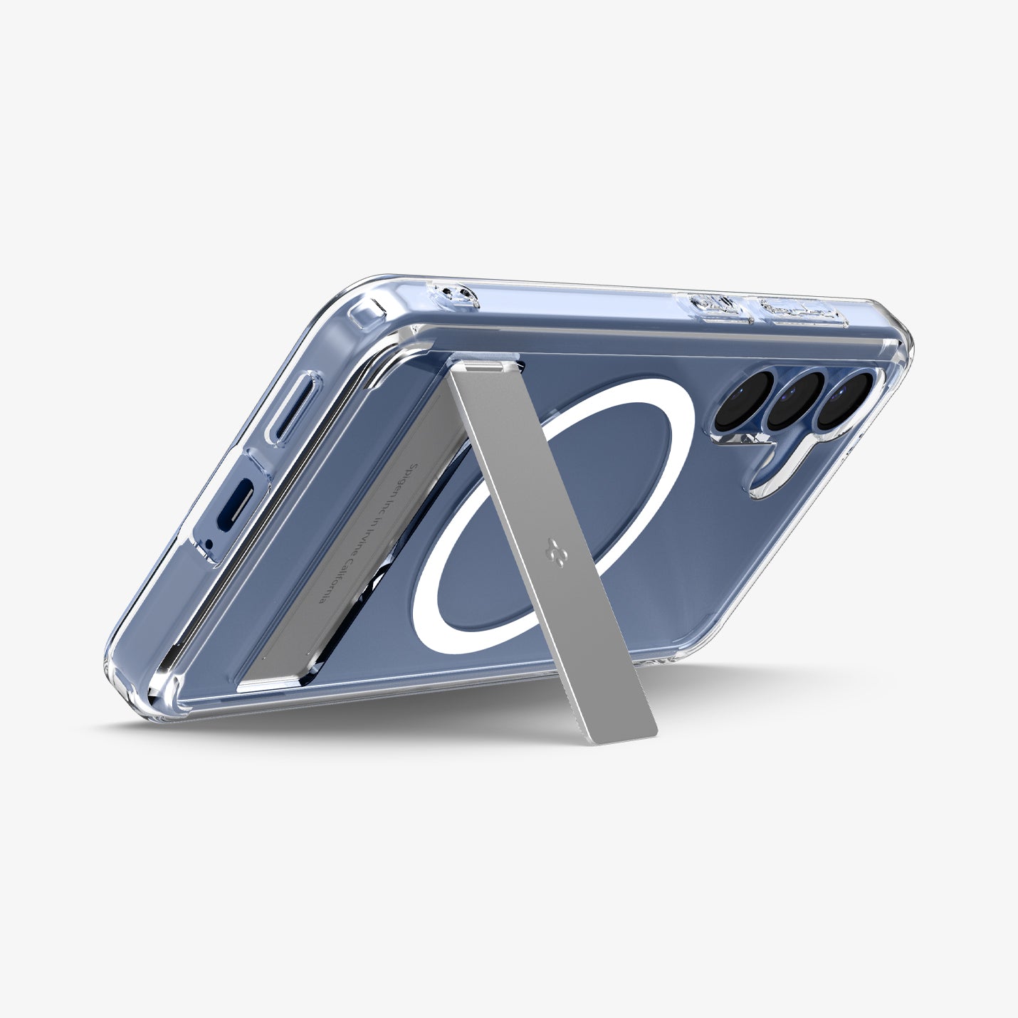 ACS09026 - Galaxy S25 Case Ultra Hybrid S in Clear White showing the back, partial side and bottom with built-in kickstand propped up