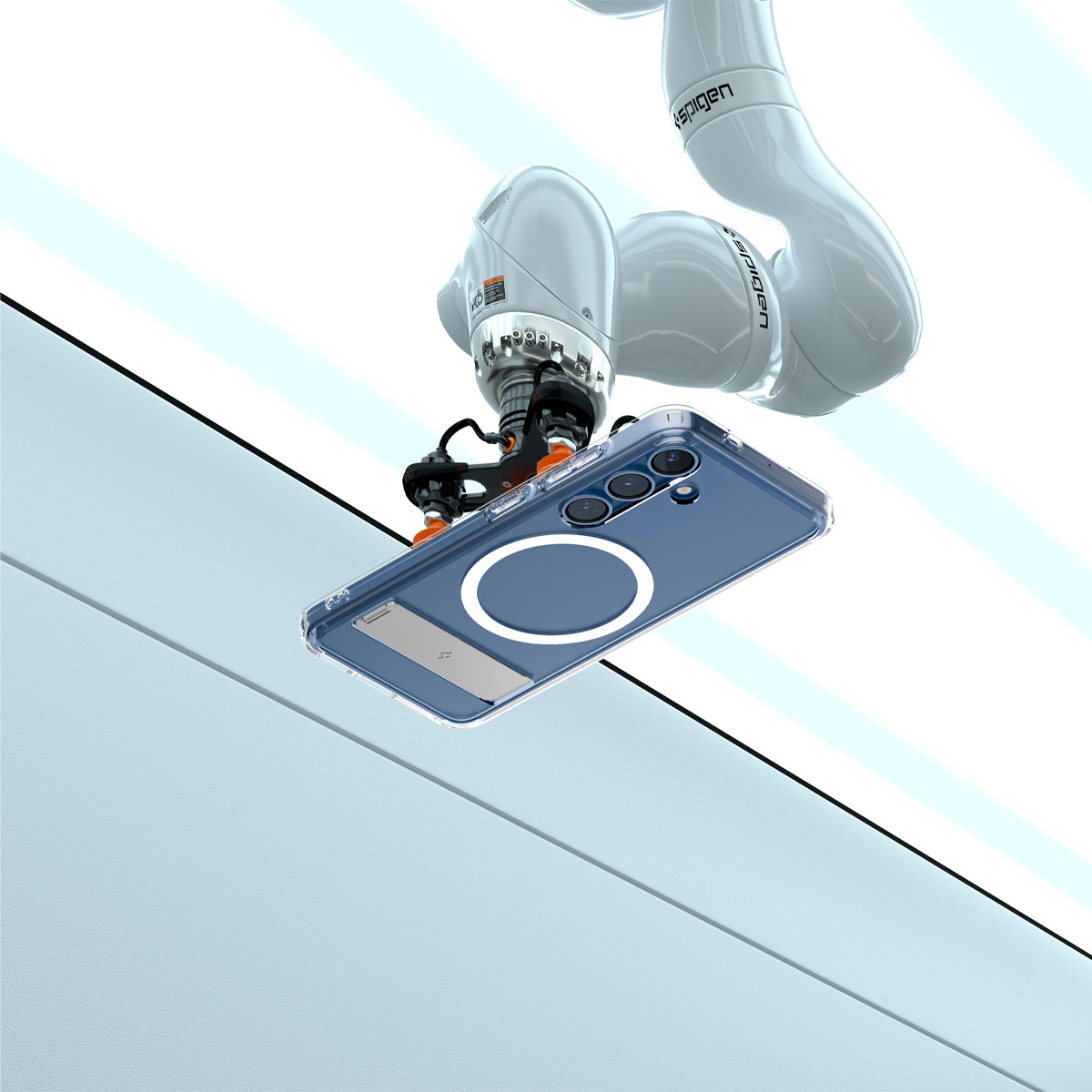 ACS08984 - Galaxy S25 Plus Case Ultra Hybrid S in Clear White showing the back, partial side and top with robot that sits on top of the device