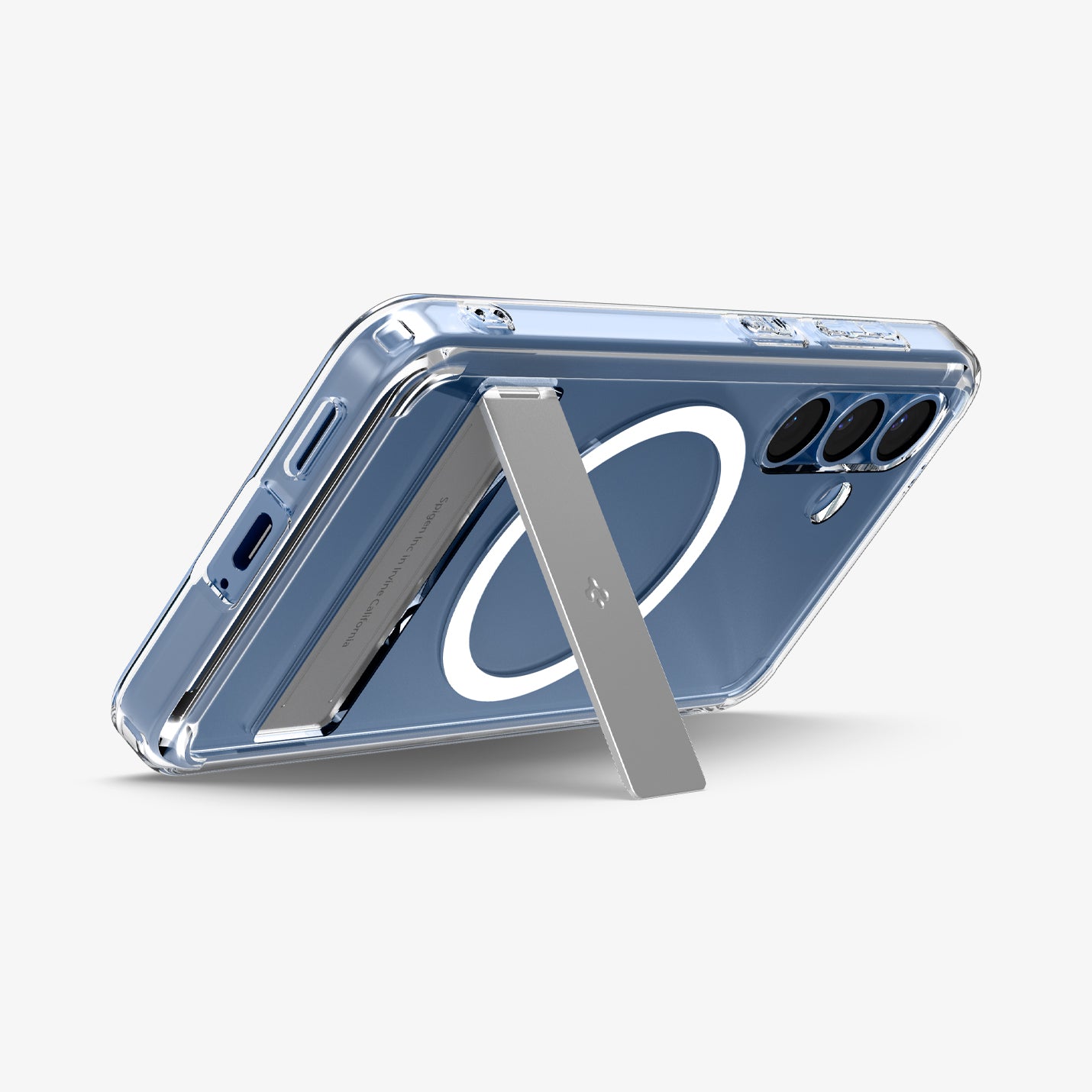 ACS08984 - Galaxy S25 Plus Case Ultra Hybrid S in Clear White showing the back, partial side and bottom with built-in kickstand propped up