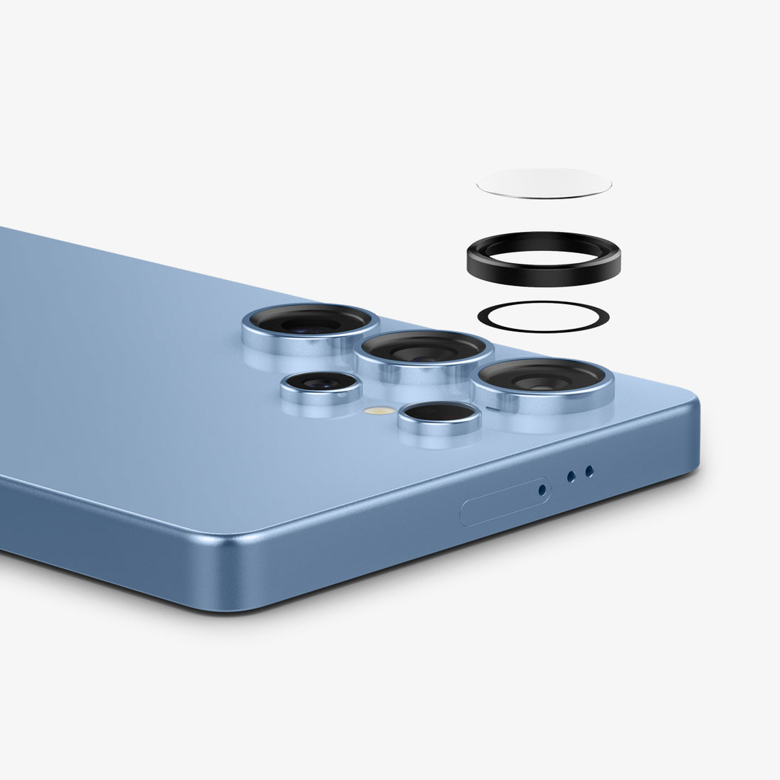 AGL09081 - Galaxy S25 Ultra Optik Pro EZ Fit Lens Protector in Black showing the 2 lens protector hovering in front of the device with the packaging behind it