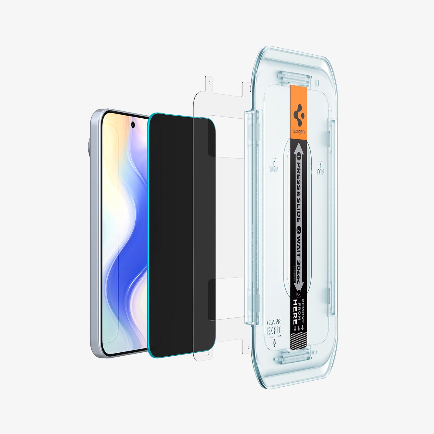 AGL09313 - Pixel 10 Pro XL GLAS.tR EZ Fit Privacy Screen Protector showing the screen protector and ez fit tray hovering in front of the device
