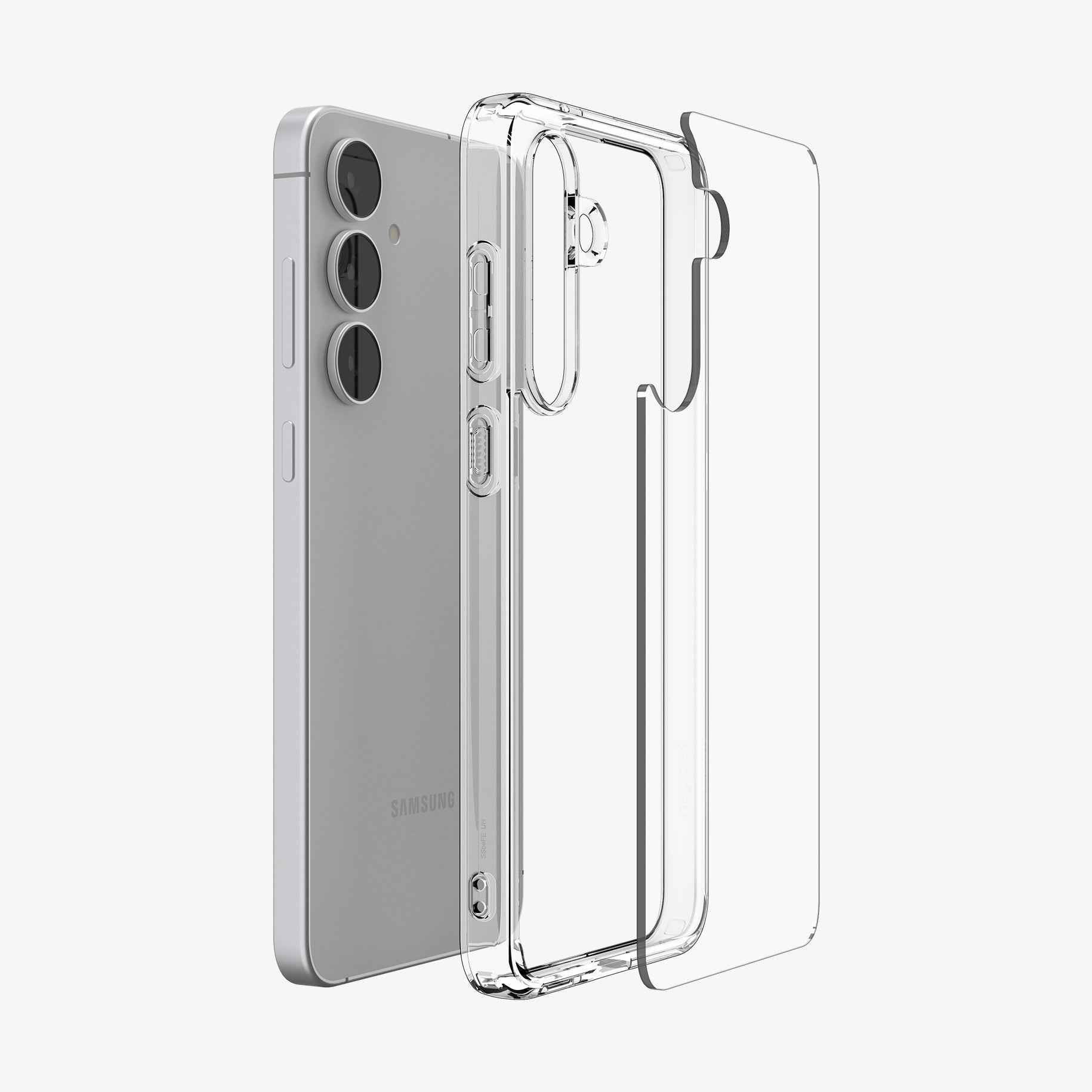 ACS10026 - Galaxy S25 FE Series Ultra Hybrid in Crystal Clear showing the transparent back of the case detached from the transparent frame paralleled with the device
