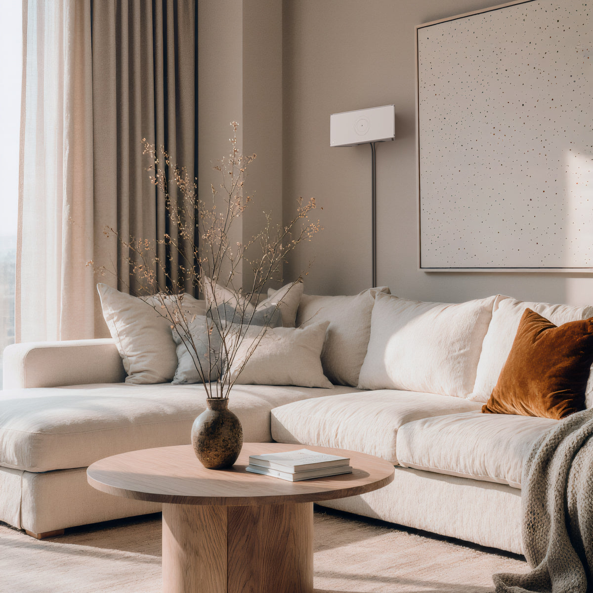 AMP09408 - Starlink Gen 3 Mount | STL310 in White showing the installed mount behind the sofa