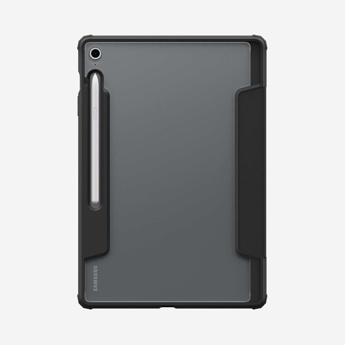 ACS09446 - Galaxy Tab S10 FE+ Case Ultra Hybrid Pro in Black showing the back with s pen attached