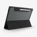 ACS09446 - Galaxy Tab S10 FE+ Case Ultra Hybrid Pro in Black showing the back and partial top and side with front cover converted into stand and S pen attached at the back