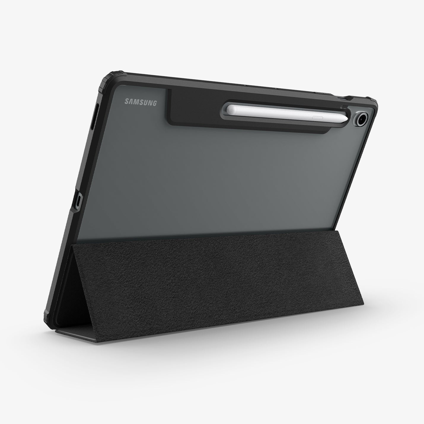 ACS09446 - Galaxy Tab S10 FE+ Case Ultra Hybrid Pro in Black showing the back and partial top and side with front cover converted into stand and S pen attached at the back
