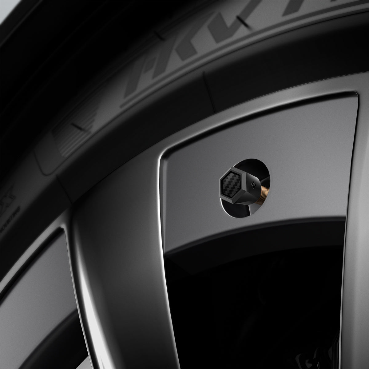ACP09331 - Tesla Series Valve Stem Cover VS100 showing detail with tire