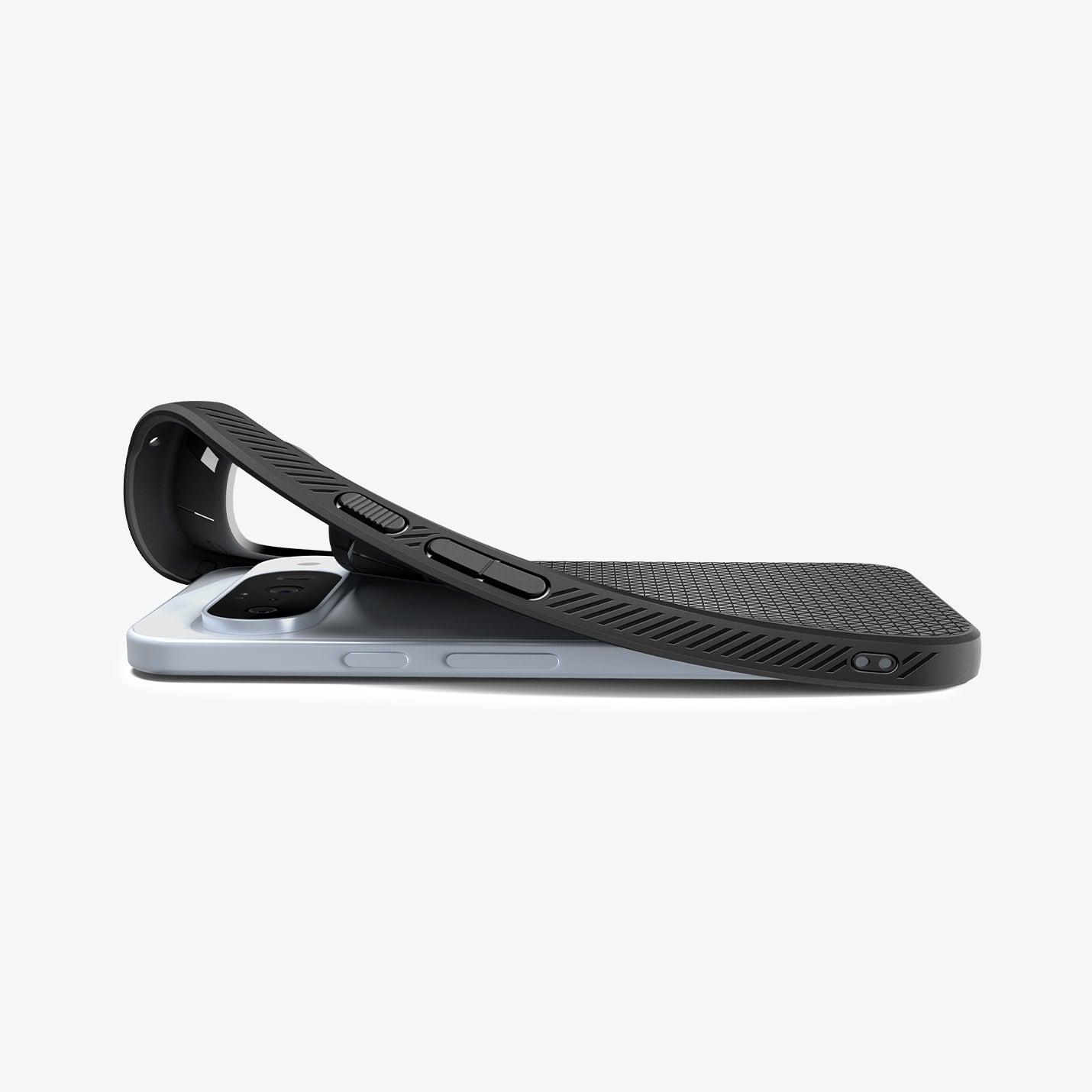 ACS09714 - Pixel 10 / Pixel 10 Pro Case Liquid Air in matte black showing the device laying flat with case bending away slightly