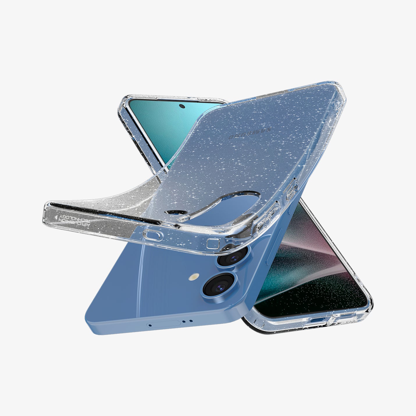 ACS08976 - Galaxy S25 Plus Case in Crystal Quartz showing the back, partial front and sides, back cover partially peeled off from the device